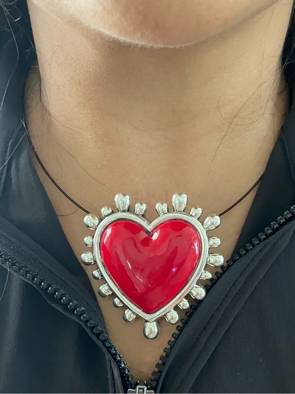 Silver 925 Jumbo and Thick Frida Red Heart Statement Pendant Necklace